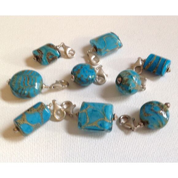 Lela Belle Hand Blown Murano Glass Beads - Set of 9 - Shades of Turquoise A13 - Picture 1 of 12